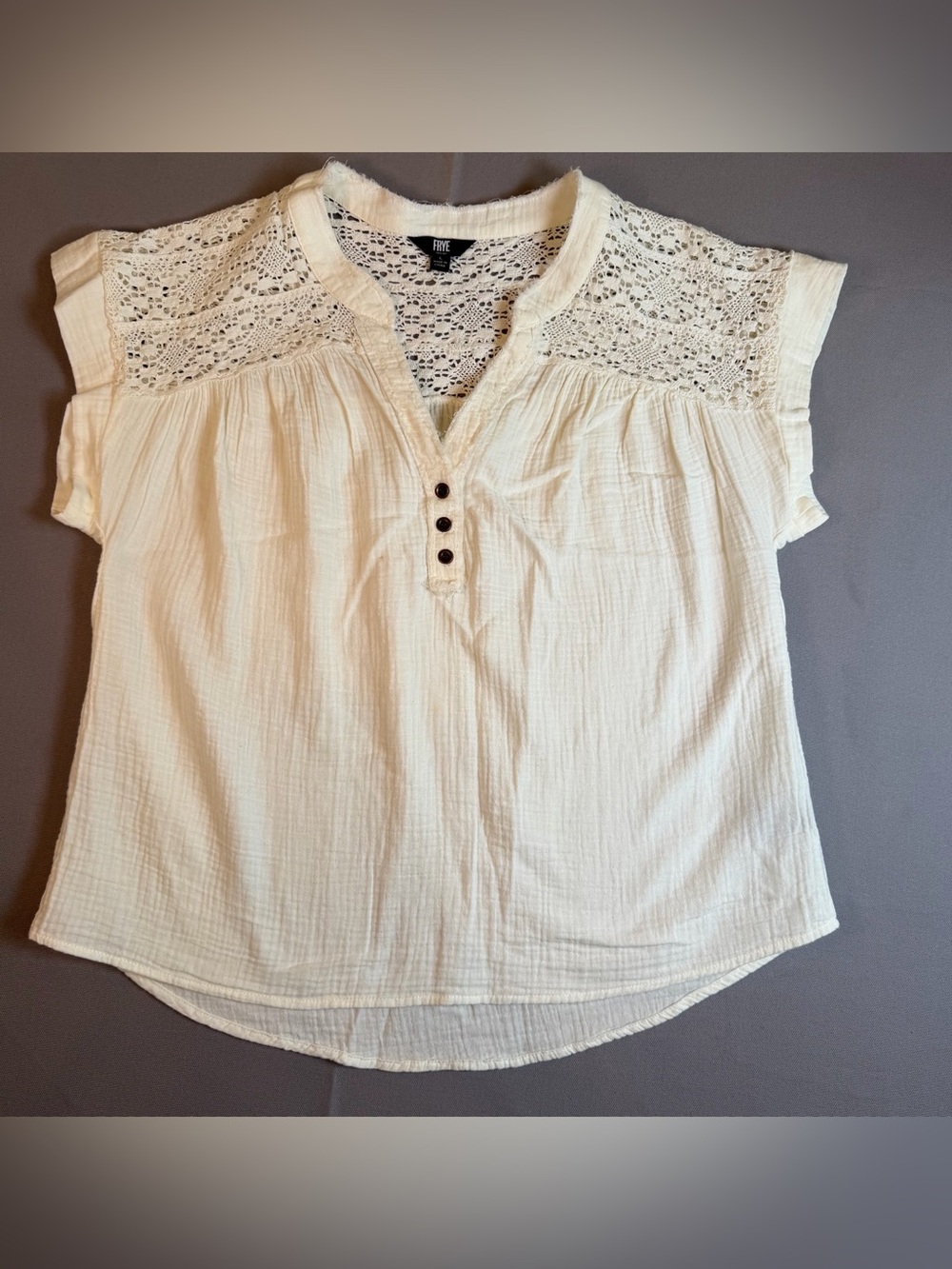 Frye Women’s szL Ivory Lace Yoke Cotton Cap Shoulder Peasant Top Cottagecore